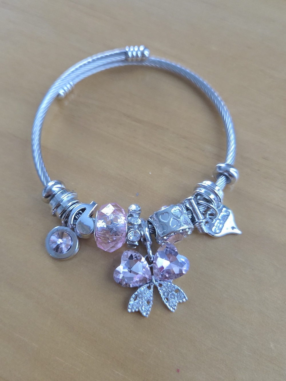 Silver-Tone Bracelet with Pink Crystal Butterfly Charm and Charms